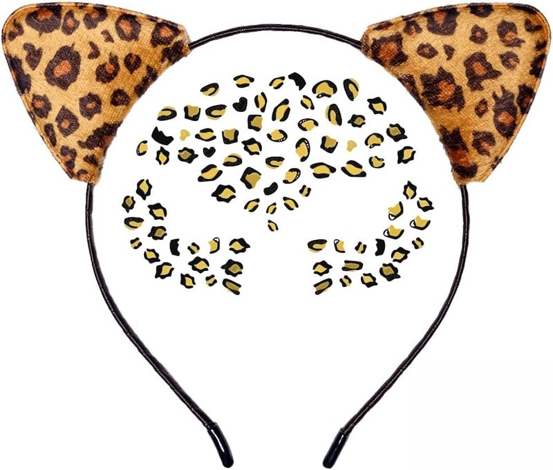 Funcredible Cheetah Ears Headband with Face Tattoos - Leopard Ears Accessory for Women and Kids - Image 1